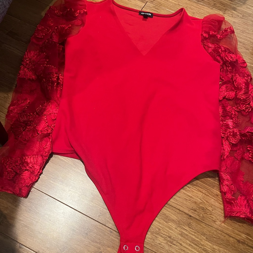 Express Red Bodysuit with Floral Sleeves